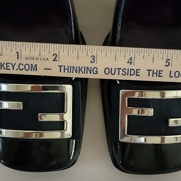 FENDI Silver FF Logo Black Patent Leather Square Toe Heels Vintage New 5.5M - Picture 3 of 12
